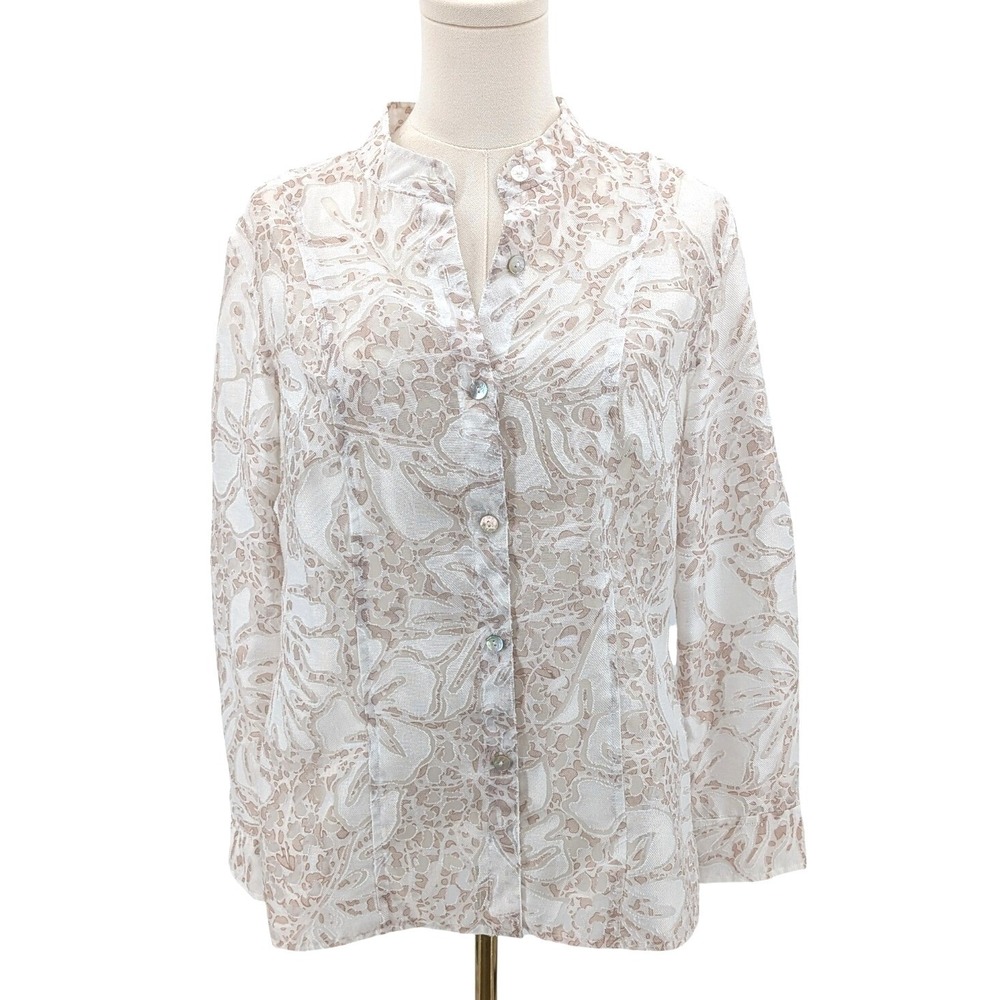 Alfred Dunner Sheer Blouse Neutral Print Button‎ Front Petite 10P